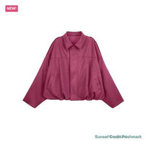 Faux Suede Bomber Jacket Cropped Oversized Pilot Coat Casual